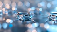 Sparkling crystal clear water drops on thin wire against blurred blue bokeh background creating magical minimalist macro photography effect.