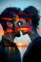 Romantic double exposure silhouette of couple against dramatic New York City skyline at sunset, with glowing orange sky and illuminated skyscrapers reflecting in water.