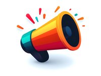 Colorful cartoon megaphone with vibrant gradient colors from yellow to red and turquoise, isolated on white background with decorative radiating lines for marketing materials.