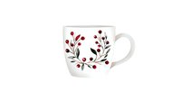 White ceramic mug decorated with delicate red berry branches pattern, minimalist floral design on clean porcelain background, suitable for holiday season and home decor.