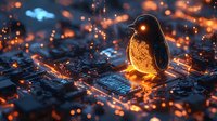 Glowing penguin figure on computer circuit board with orange and blue light effects, digital art concept showing technology and nature fusion.