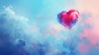 Heart shaped balloon floating in dreamy pink and blue sky with soft clouds, romantic atmosphere creates ethereal mood for Valentine's Day designs.