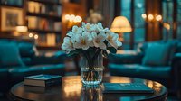 White narcissus flowers in glass vase on wooden table with books and digital tablet, cozy evening interior with soft lighting and turquoise accents.