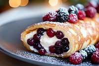 Fresh berry cream roll garnished with mixed berries and powdered sugar on gray plate, close-up view showing creamy filling and flaky pastry texture.