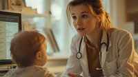 Young female doctor in white coat with stethoscope consulting child patient during medical examination in warm-lit office setting, displaying caring and attentive approach.
