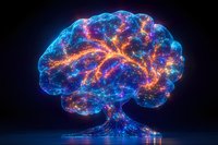 Glowing brain tree with luminous neural networks in blue and orange colors against dark background, symbolizing artificial intelligence and mind growth.