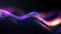 Glowing particle wave with neon purple and blue colors flowing on dark background creates futuristic digital technology visualization effect.