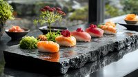 Fresh nigiri sushi assortment with salmon and tuna served on black stone plate, garnished with microgreens and flowers, elegant Japanese cuisine presentation.