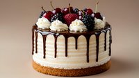 Decadent cream cake decorated with chocolate drip, fresh berries and whipped cream swirls on graham cracker base against neutral background. Elegant dessert styling.