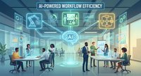 Modern office team collaborating with artificial intelligence technology overlay showing workflow automation icons and data visualization in corporate workspace.