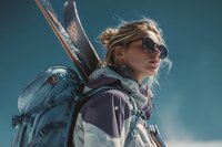 Young female skier with backpack and sunglasses against blue sky background, ready for mountain adventure in winter sports resort.