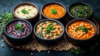 Variety of traditional Middle Eastern soups and stews with chickpeas, lentils and beans in rustic bowls garnished with fresh herbs on dark background.