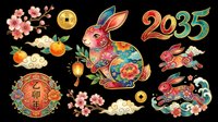 Colorful Chinese New Year rabbit clipart set with floral patterns, lantern, coins, and 2035 number, isolated on transparent background for stickers, sublimation, t-shirt design.