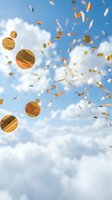 Golden coins falling from blue sky with white clouds creating wealth and prosperity concept for financial success and money rain celebration.