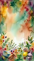 Watercolor culinary herbs spices cooking ingredients frame with colorful abstract background for recipe cards menu design kitchen decor food blog content.