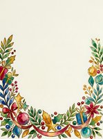 Festive botanical frame with colorful ornaments, leaves, and berries arranged on cream background, ideal for holiday cards, invitations, and seasonal design projects.