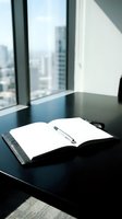 Open notebook with pen on executive desk in modern office with city skyline view through floor-to-ceiling windows for business planning and note-taking.