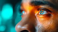 Close-up macro shot of bright blue eye with orange and turquoise lighting effects, showing intricate iris details and skin texture in dramatic artistic lighting.