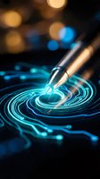 Luxury pen creating digital ripples with glowing blue light effects and bokeh background for business technology concepts.