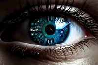 Futuristic cyber eye with digital circuit pattern and technology symbols reflected in pupil, representing artificial intelligence and biometric scanning.