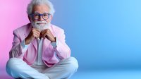 Senior Caucasian man in pink blazer and white pants sitting cross-legged against gradient pink and blue background, contemplative pose with hands under chin.