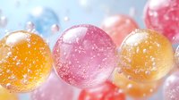 Colorful translucent spheres with bubbles and water drops in soft pastel orange and pink tones on blurred background create dreamy macro composition.