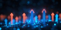 Glowing neon arrows pointing upward against dark background with bokeh lights create futuristic business growth concept for financial presentations.
