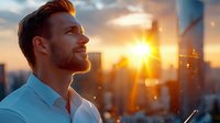 Young Caucasian businessman with red beard looking at sunset cityscape from high-rise building. Urban professional contemplating future against golden sky and skyscrapers.