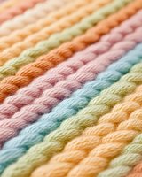 Diagonal rows of twisted pastel yarn in soft rainbow colors create textured pattern. Close-up macro view shows detailed wool fiber structure and gentle color transitions.