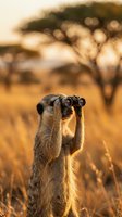 Meerkat standing upright with binoculars in African savanna during golden hour sunset with acacia trees in blurred background for wildlife and nature concepts.