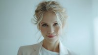 Young blonde woman with updo hairstyle wearing light blazer smiles softly against minimal light background, conveying confidence and approachability.