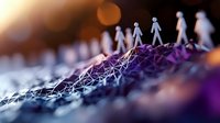 Paper cutout figures walking on network connections with warm bokeh lights representing teamwork and digital collaboration in business environment.
