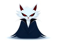 Sinister white cat character in dark business suit with red eyes and stern expression, isolated on white background for mascot, logo and gaming design purposes.