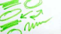 Green marker strokes and arrows drawn on white background, including underlines, circles, and upward pointing symbols for business presentations.