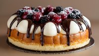 Bundt cake topped with chocolate drizzle, fresh raspberries and blackberries on brown background. Homemade dessert with cream cheese filling and dark ganache.