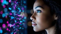 Young African American woman gazing at glowing DNA helix with digital data streams and colorful bokeh lights representing genetic research and biotechnology.