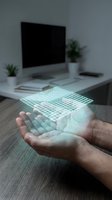 Hand holding glowing digital grid interface with holographic display above desk workspace with computer monitor, plants, and office supplies for technology concepts.