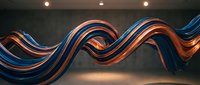 Abstract flowing ribbons in blue and orange colors creating dynamic wave patterns against dark background with warm lighting effects.