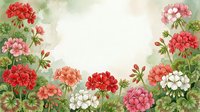 Watercolor geranium flowers frame with red, pink and white blooms on light background, copy space for text or design.