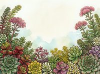 Watercolor succulent garden border with colorful echeveria, sedum, and blooming plants on a light background with copy space.