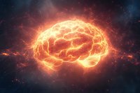 Glowing orange brain shape formed by energy waves and particles floating in dark space, surrounded by luminous neural connections and cosmic dust.