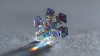 Iridescent snowflake crystal with rainbow light reflections on glittery surface, showcasing natural ice formation in macro photography.