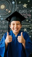 Happy young Hispanic boy in blue graduation cap and gown giving thumbs up against chalkboard with solar system and Class of 2024 text for education success.