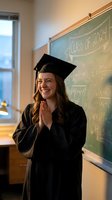 Happy young Caucasian woman graduate in cap and gown celebrating in classroom with chalkboard showing Class of 2024 and mathematical equations.