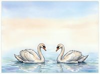 Two white swans swim together on calm blue water under a soft sky, ideal for nature, wildlife, and romantic greeting card designs.