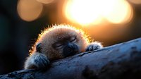 Sleeping red panda close-up with golden backlight and bokeh effect, paws and nose visible on dark wood branch during sunset, creating magical atmosphere.