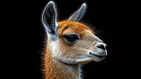 Side profile of guanaco against dark background showing detailed facial features, fur texture and distinctive ears. Dramatic lighting highlights auburn coat and expressive eye.