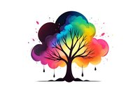 Silhouette of tree with vibrant rainbow watercolor crown effect and paint drips against white background, artistic nature illustration for wall art and design projects.