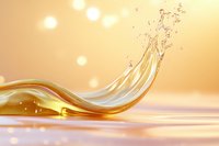 Golden liquid splash with dynamic wave motion and droplets against warm bokeh background for cosmetic and beauty product advertising.