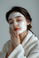Young Asian woman with facial mask enjoying skincare routine, wearing white bathrobe against light background, eyes closed in relaxation and pleasure.
